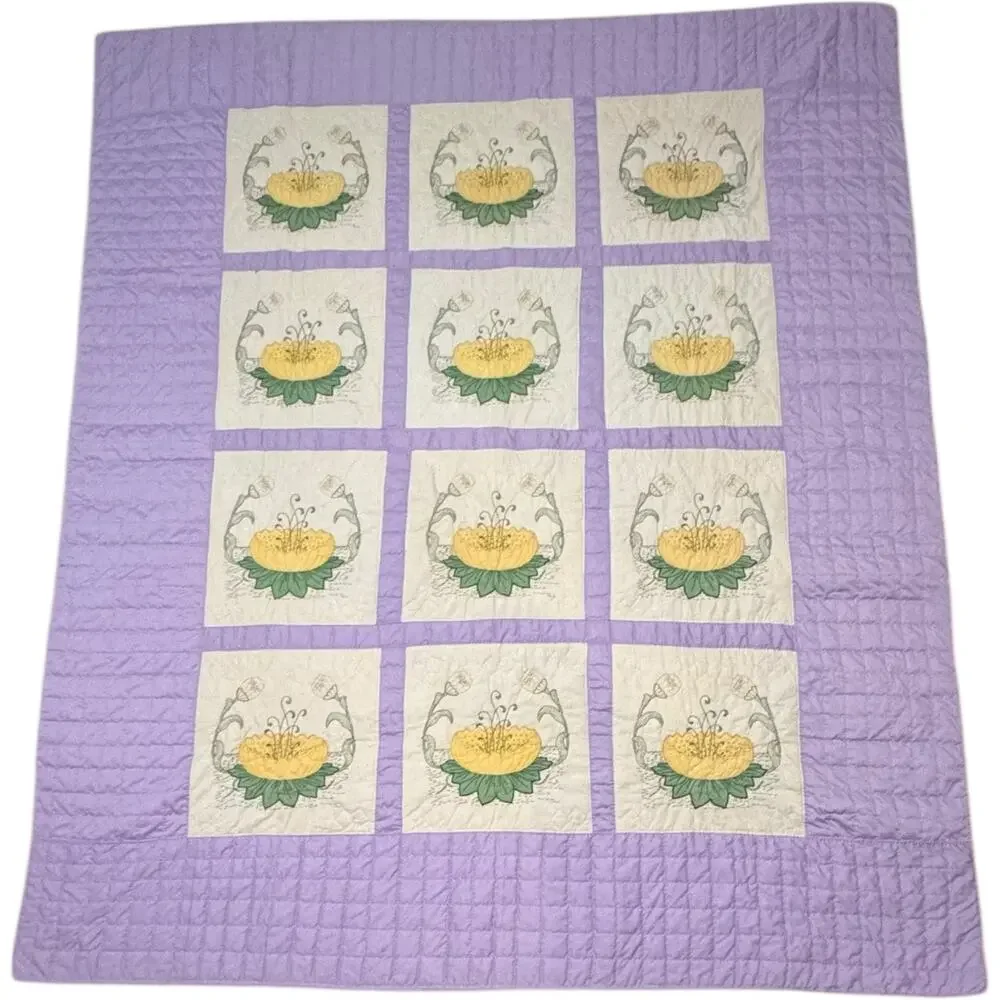 Handmade Floral Patchwork Quilt Lavender & Yellow 1970s Full/Queen 78x93